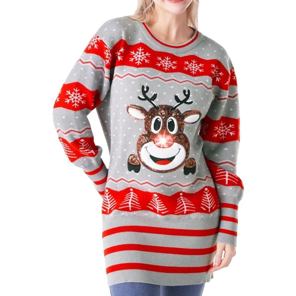 New SZ SM-Giggling Getup‎ Womens Light Up Ugly Christmas Sweater Dress